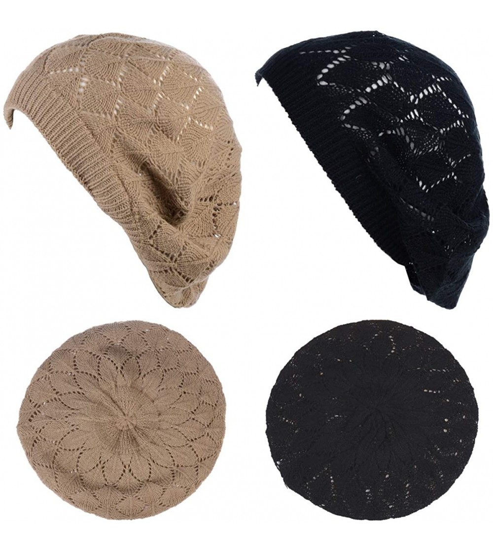 Berets Chic Soft Knit Airy Cutout Lightweight Slouchy Crochet Beret Beanie Hat - 2-pack-dk.beige & Black - CN18Q42YQAX