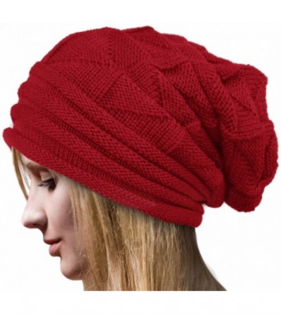 Skullies & Beanies Pleated Cuffed Wool Knit Hat- Sttech1 Women Winter Crochet Hat Wool Knit Beanie Warm Caps (Red) - Red - CS...