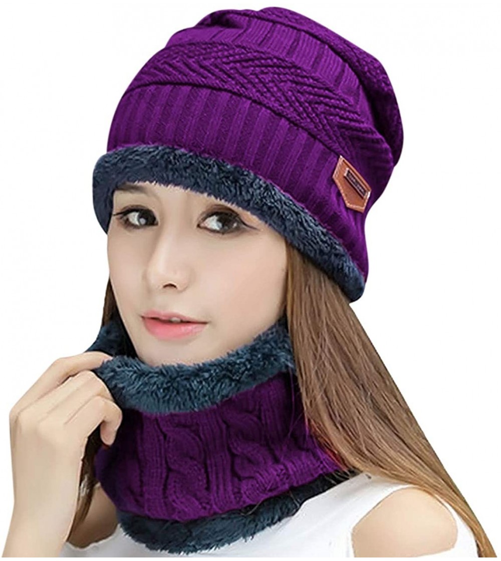 Skullies & Beanies Womens Slouchy Beanie Gloves Set Skull Cap Touch Screen Mittens Winter Hat - Hat+ Scarf (Purple) - CI188U4...