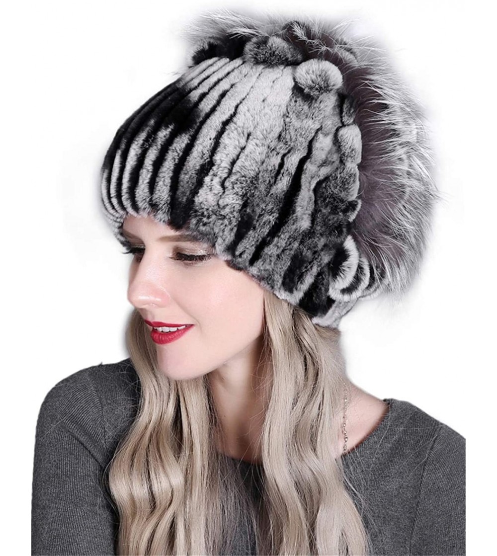 Skullies & Beanies Women Real Fur Warm Skullies Beanie- Rex Rabbit Fur Hat Winter Knit Hats with Fox Fur - Color 5 - CS18AGHNTD5
