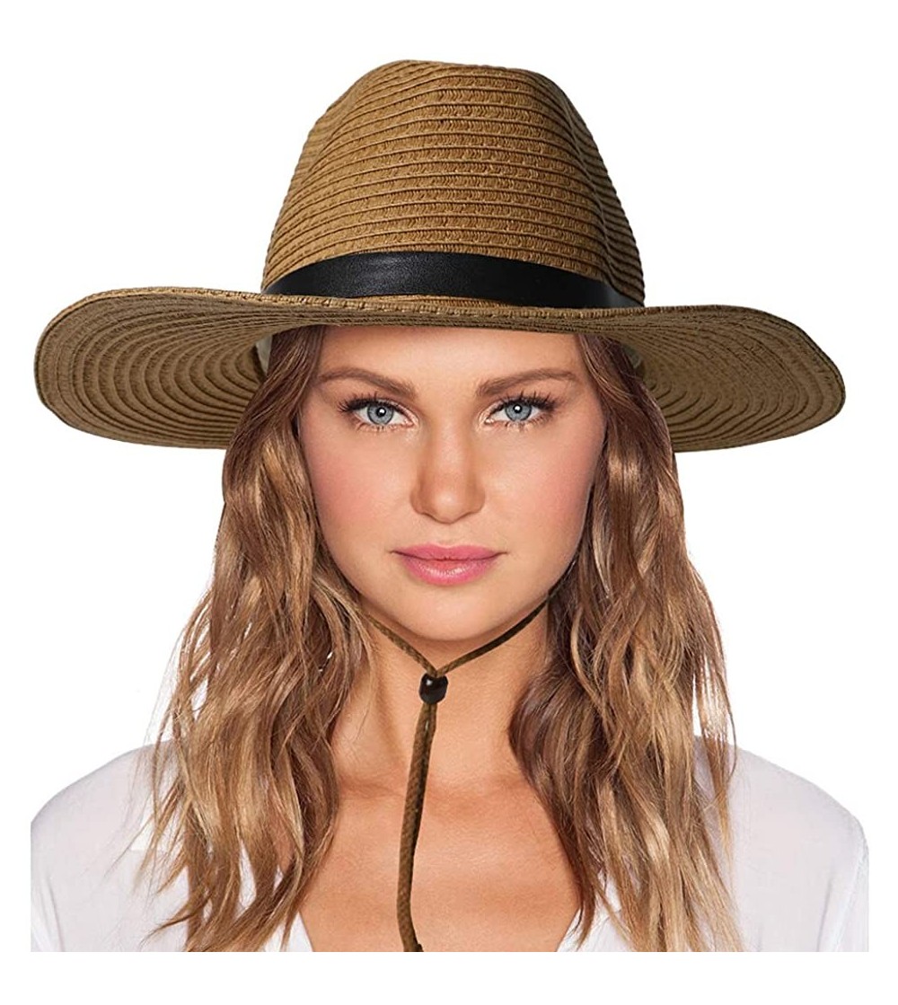 Sun Hats Womens Sun Hat with Wind Lanyard UPF Beach Packable Summer Cowboy Sun Straw Hats for Women Men - 001_khaki - C5194X5...