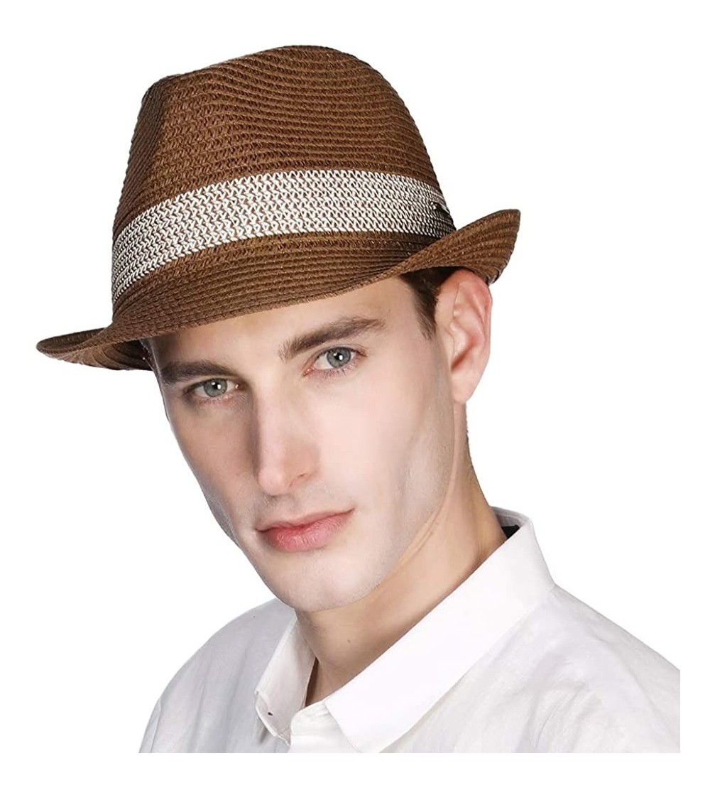 Fedoras Mens Packable Straw Pork Pie Fedora Summer Derby Upturn Brim Hat for Women - 16010brown - CD18R3M0ADM