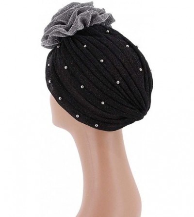 Skullies & Beanies Shiny Flower Turban Shimmer Chemo Cap Hairwrap Headwear Beanie Hair Scarf - Silver&black - CS194CT6QOM