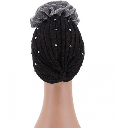 Skullies & Beanies Shiny Flower Turban Shimmer Chemo Cap Hairwrap Headwear Beanie Hair Scarf - Silver&black - CS194CT6QOM