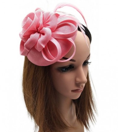 Berets Womens Fascinator Hat Sinamay Pillbox Flower Feather Tea Party Derby Wedding Headwear - Pink - CX18NHWWCQY