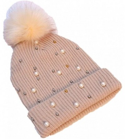 Skullies & Beanies Knitted Hats Beanie Hat Beading Beanie Warm Soft Casual Beanies Hats with Pompom - Beige - CJ1920QZETI
