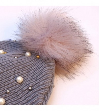 Skullies & Beanies Knitted Hats Beanie Hat Beading Beanie Warm Soft Casual Beanies Hats with Pompom - Beige - CJ1920QZETI