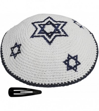 Skullies & Beanies Star of David Jewish KippahHatFor Men & Kids with Clip Beautifully Knitted - Blue & White Magen David - CU...