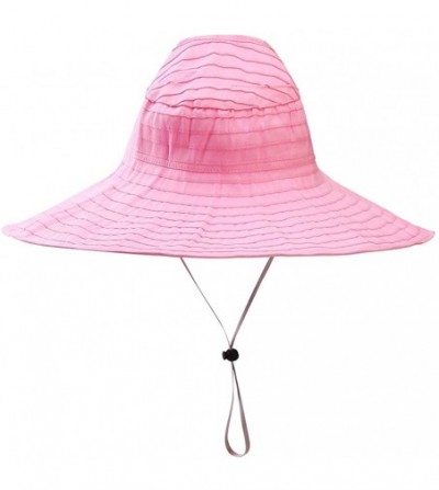 Sun Hats Women Wide Brim Sun Hats Foldable Summer Beach UV Protection Caps with Neck Cord - Bright Pink - CH18R9GSIQC