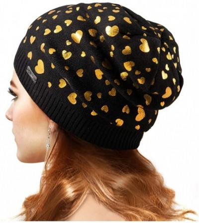 Skullies & Beanies Womens Beanie Printed Slouchy Wool - Beany for Women Knit Hats Caps Soft Warm - Black-golden Heart - C5187...