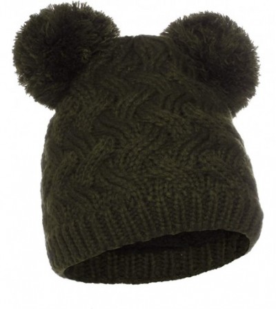 Skullies & Beanies Women's Double Pom Pom Beanie Warm Winter Knit Hat Cute Animal Look - Chunky Knit Yarn Pompom - Olive - C6...