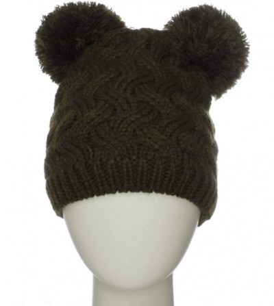 Skullies & Beanies Women's Double Pom Pom Beanie Warm Winter Knit Hat Cute Animal Look - Chunky Knit Yarn Pompom - Olive - C6...