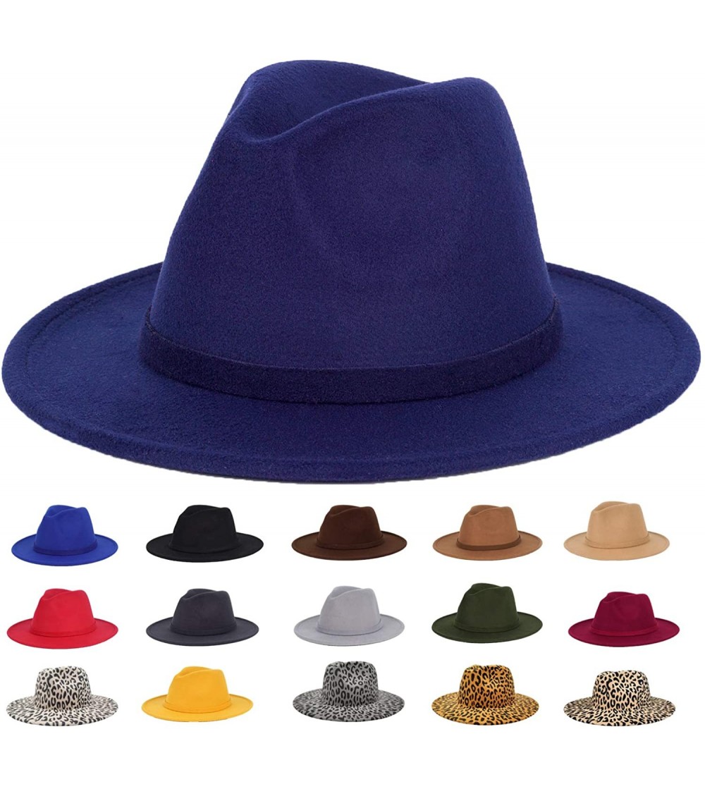 Fedoras Men & Women Classic Felt Fedora Hat Vintage Wide Brim Panama Hat with Felt Buckle - Navy - CR18YKA489U