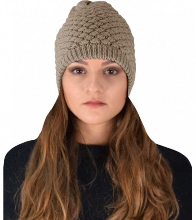 Skullies & Beanies Thick Crochet Knit Quilted Double Layer Beanie Slouchy Hat - Taupe - C012NR0OZ2P