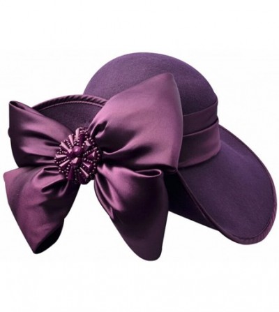 Fedoras Ladies 100% Wool Felt Feather Cocktail British Formal Party Hat - Bow-violet - CF12NDSJY88