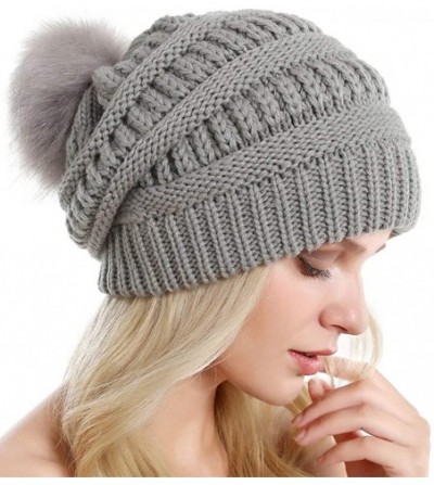 Skullies & Beanies Slouchy Winter Knit Beanie Cap Chunky Faux Fur Pom Pom Hat Bobble Ski Cap - Black 01 - CR18E8TI2YM