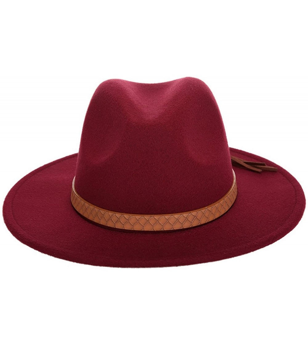 Fedoras Adult Women Men Wool Blend Fedora Hat Trilby Caps Panama Hat with Tassels Belt - Wine Red - C1189Y997ID