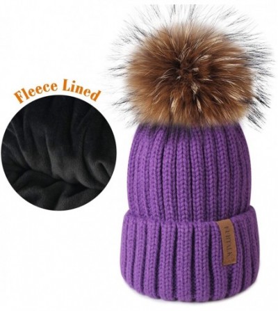 Skullies & Beanies Knit Beanie Hats for Women Double Layer Fleece Lined with Real Fur Pom Pom Winter Hat - CN18UYCMU36