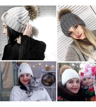 Skullies & Beanies Knit Beanie Hats for Women Double Layer Fleece Lined with Real Fur Pom Pom Winter Hat - CN18UYCMU36