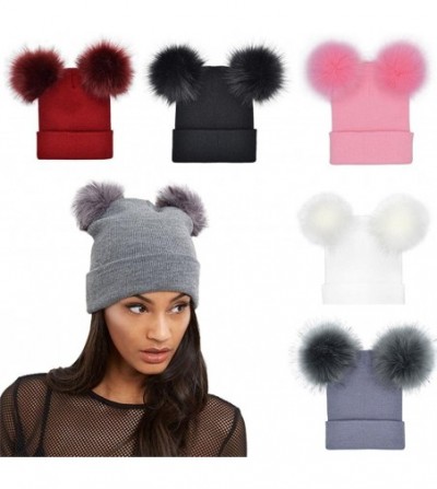 Skullies & Beanies Winter Warm Women Crochet Knit Double Faux Fur Pom Pom Beanie Hat Cap - Black - CZ187AI5280