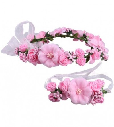 Headbands Flower Crown Headband Garland Wrist Band Wedding Party Hair Wreath Women Girl - Pink - CW18QR7S6EO