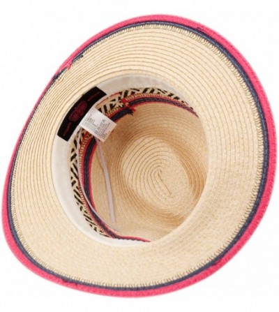 Fedoras Cute Straw Fedora Hat w/Chevron & Stripe Accent - Adjustable Inner Drawstring - Natural/Hot Pink - CB12OB1J4R2