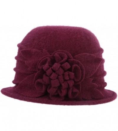 Bucket Hats 1920s Gatsby Womens Flower 100% Wool Warm Beanie Bow Hat Cap Crushable - Wine Red - CN188KAQLK8