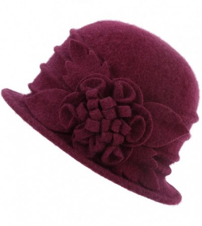 Bucket Hats 1920s Gatsby Womens Flower 100% Wool Warm Beanie Bow Hat Cap Crushable - Wine Red - CN188KAQLK8