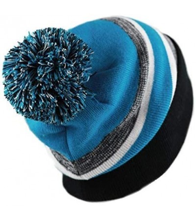 Skullies & Beanies Winter Soft Unisex Cuff Pom Pom Stripe Knit Beanie Skull Slouch Hat - Black/Turquoise - C5188I3HE59