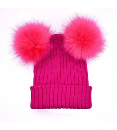 Skullies & Beanies Women Double Hairball Pom Pom Beanie Winter Warm Hat Crochet Knit Cap - Hot Pink - CA189492NWI