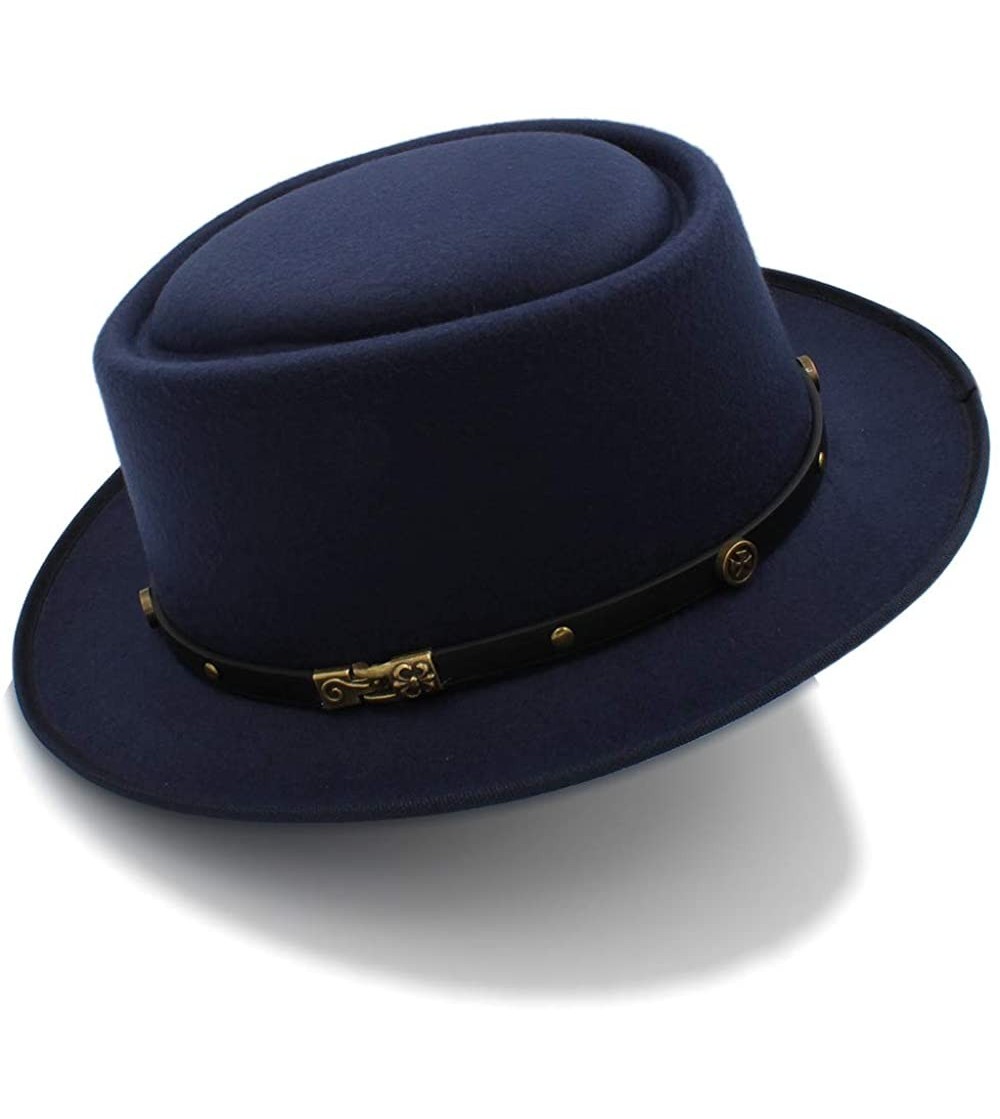 Bucket Hats Pork Pie Felt Hat Autumn and Winter Fedoras for Women Short Brim Elegant Casual Jazz Caps - Dark Blue - CE18IGG4RIR