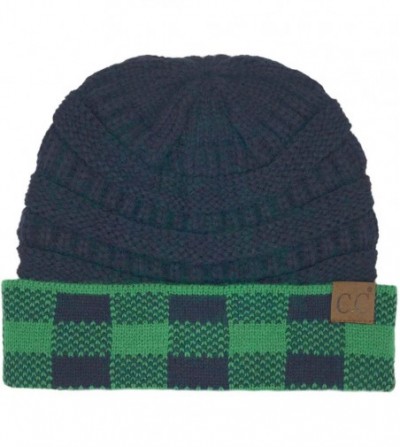 Skullies & Beanies Winter Fall Trendy Chunky Stretchy Cable Knit Beanie Hat (Buffalo Plaid Hunter Green/Navy) - CA18YTEMUGD