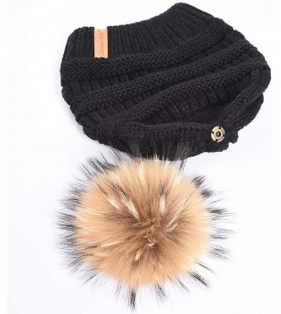 Skullies & Beanies Women Winter Knitted Beanie Pompom Hat Warm Solid Skull Ski Caps Real Raccoon Fur Ball Furry Acrylic - Bla...
