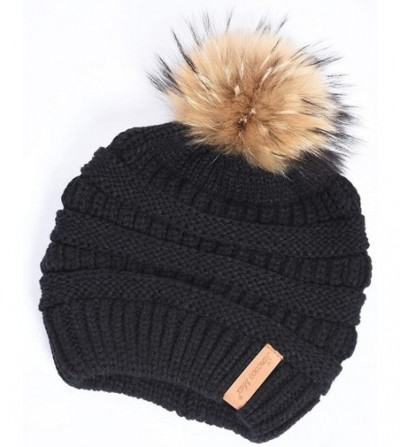 Skullies & Beanies Women Winter Knitted Beanie Pompom Hat Warm Solid Skull Ski Caps Real Raccoon Fur Ball Furry Acrylic - Bla...