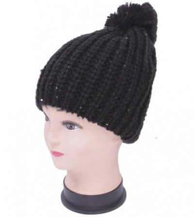 Skullies & Beanies Women's Premium Knitted Slouchy Beanie Hat with Faux Fur Pompom - Black - CJ12B13CDTR