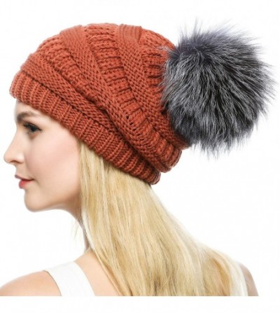 Skullies & Beanies Womens Girls Winter Knitted Slouchy Beanie Hat with Real Large Silver Fox Fur Pom Pom Hats - Slouch Rusty ...