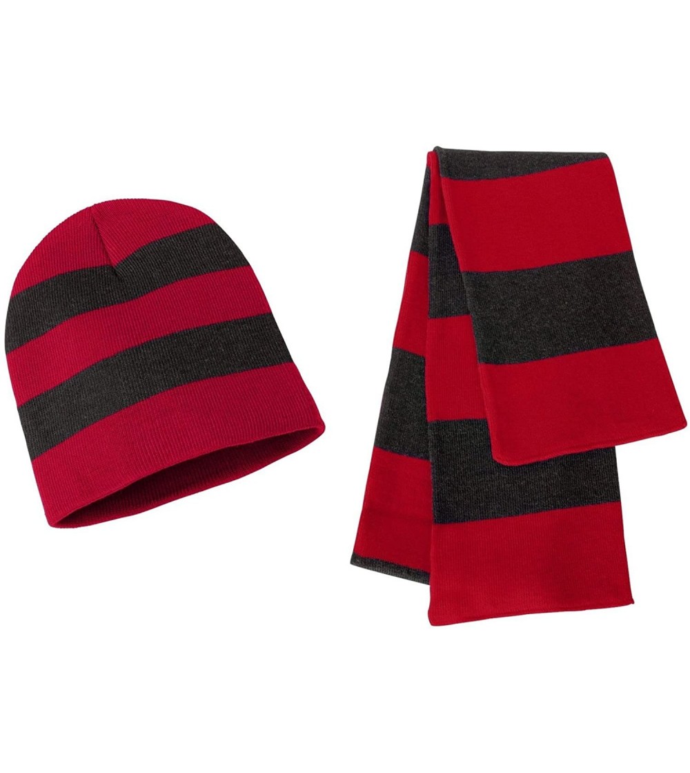 Skullies & Beanies Knit Collegiate Rugby Stripe Winter Scarf & Beanie Hat Set - Red/Charcoal - CD119VEI46Z