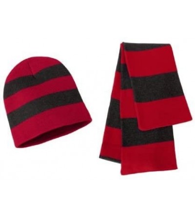 Skullies & Beanies Knit Collegiate Rugby Stripe Winter Scarf & Beanie Hat Set - Red/Charcoal - CD119VEI46Z