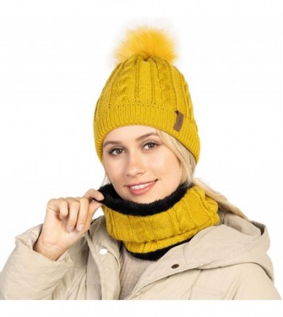 Skullies & Beanies Knit Pom Beanie Hat Scarf Set for Womens Mens Winter Ski Hat Slouchy Skull Cap with Fleece Lined - Yellow ...