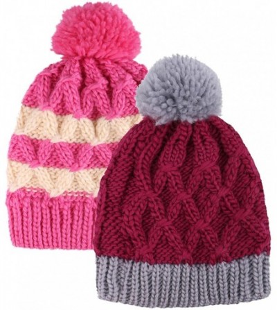 Skullies & Beanies Kids and Toddlers' Chunky Cable Knit Beanie with Yarn Pompom Set of 2 - Rose Stripe+purple - CL185AUUY5Q