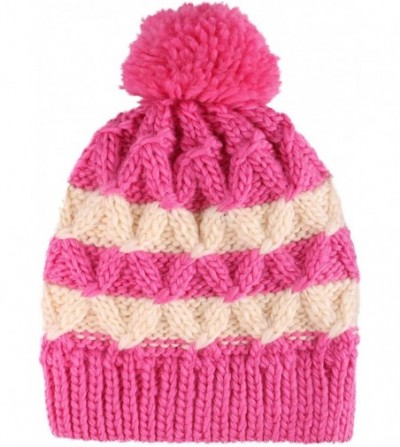 Skullies & Beanies Kids and Toddlers' Chunky Cable Knit Beanie with Yarn Pompom Set of 2 - Rose Stripe+purple - CL185AUUY5Q