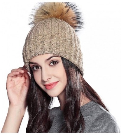 Skullies & Beanies Women Fashion Warm Winter Knitted Beanie Fur Ball Pom Hat Crochet Ski Cap - Khaki - C918HOI473T