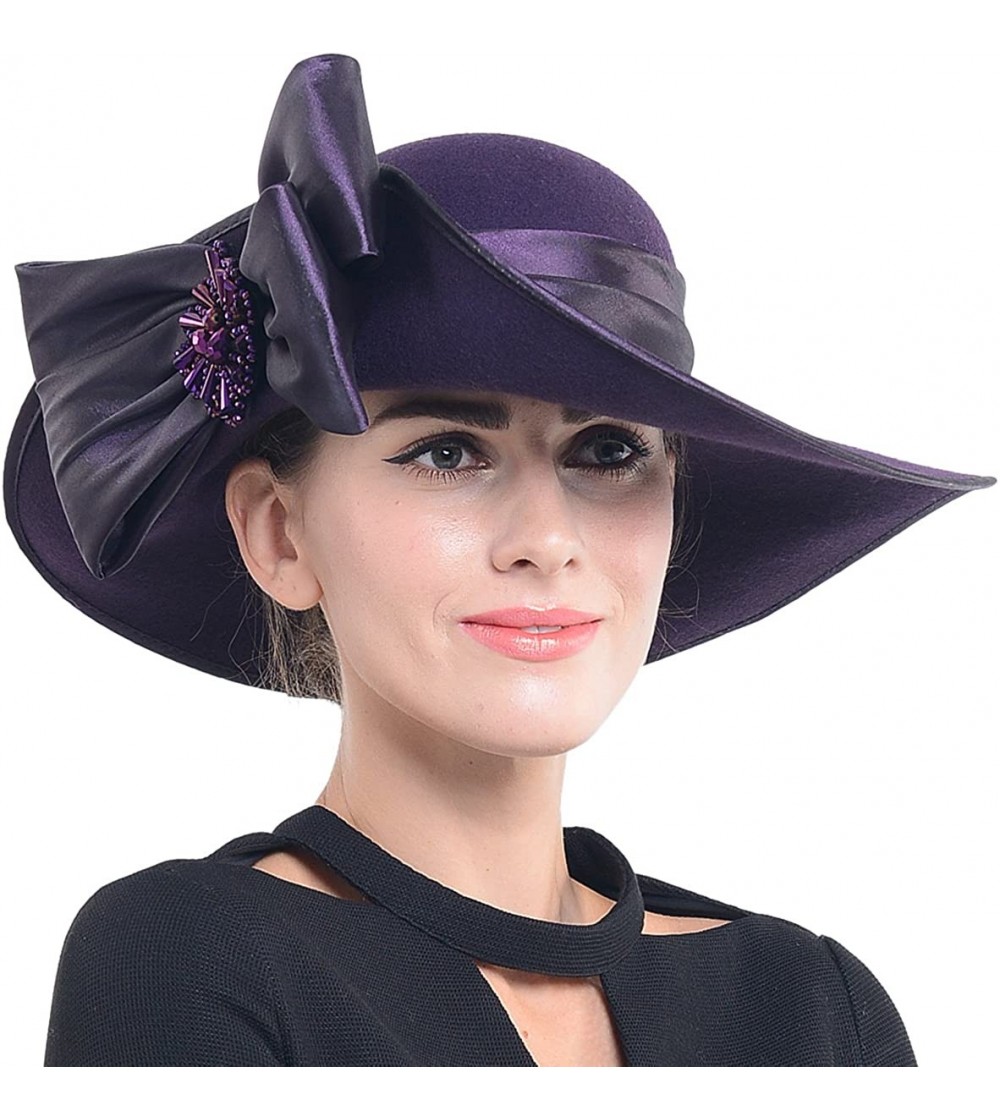 Fedoras Women Wool Felt Plume Church Dress Winter Hat - Asymmetry-purple - CQ12N9MPDCD