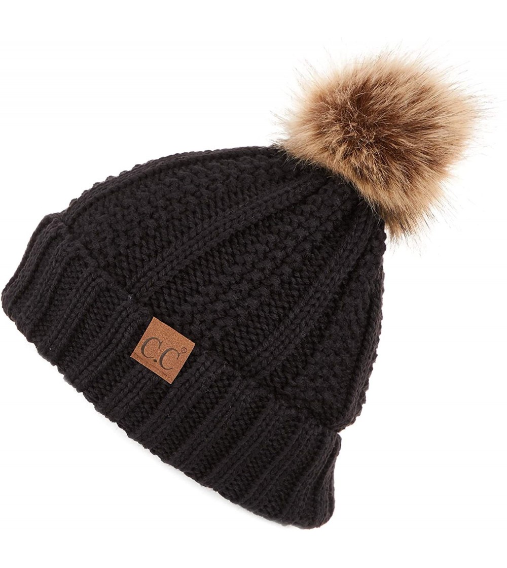 Skullies & Beanies Exclusives Fuzzy Lined Knit Fur Pom Beanie Hat (YJ-820) - Black - C118I6O0ZWC