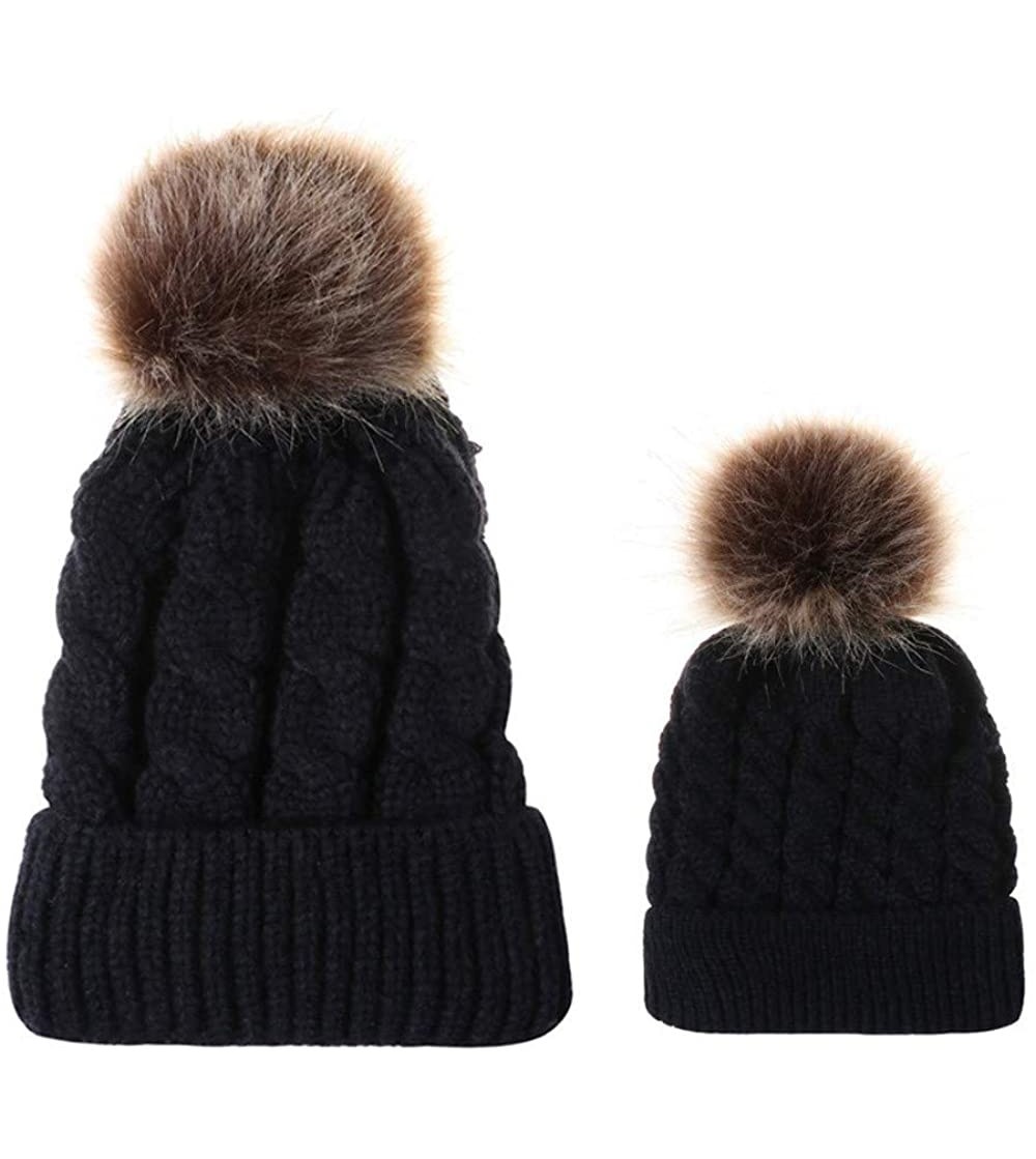 Skullies & Beanies Family Matching Mom Baby Knitting Wool Hemming Hat Keep Warm Winter Ball Hat Cap - ❤black❤ - CW18IQ80Z5Z