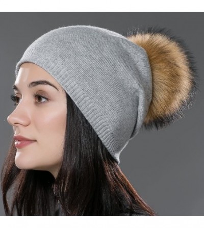 Skullies & Beanies Autumn Unisex Wool Knit Beanie Cap with Fur Ball Pom Pom Winter Hat - Light Gray With Raccoon Pompom - C11...