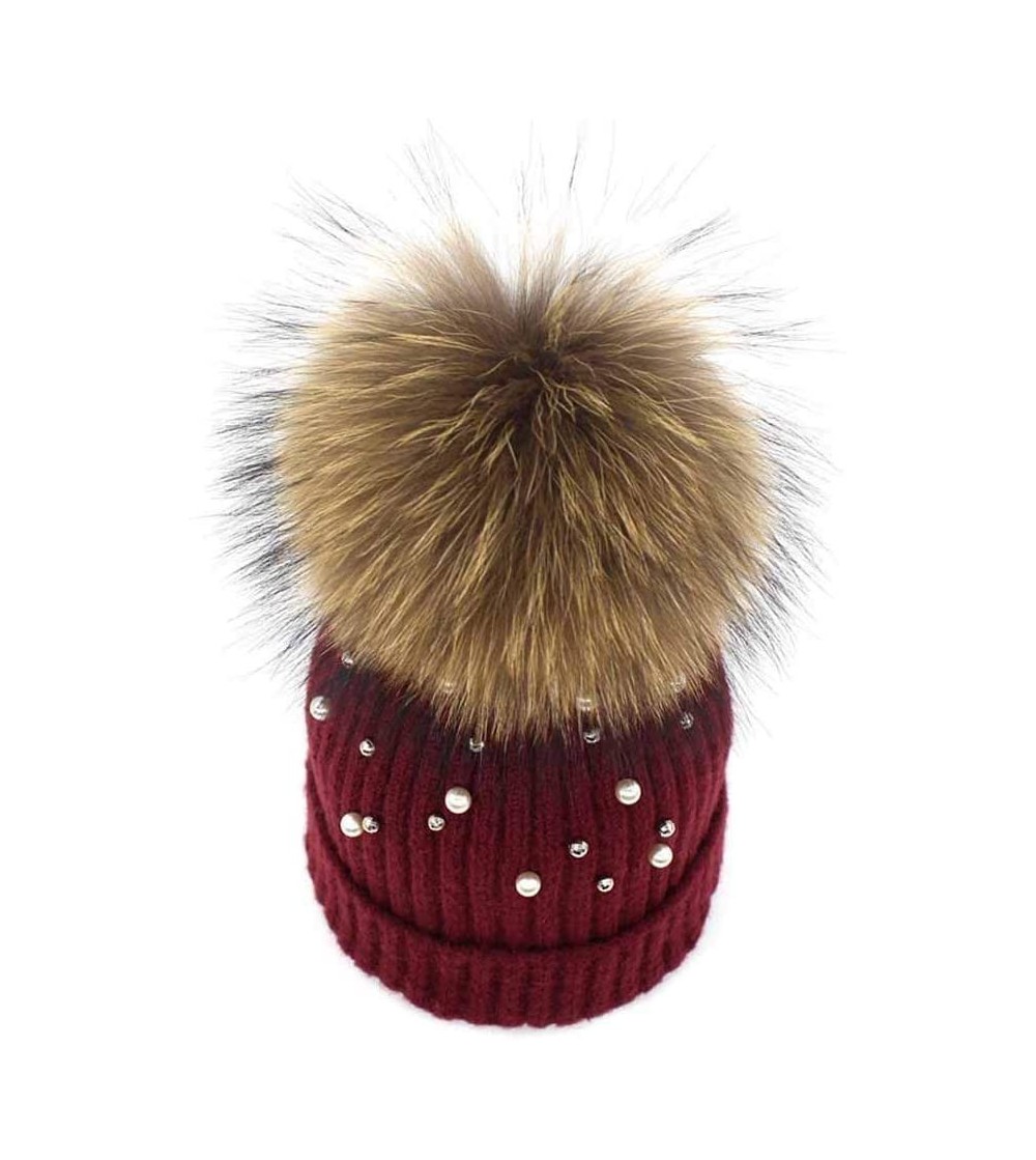 Skullies & Beanies HCY 1Pcs Faux Fur Pom Pom Slouchy Hat Women's Crochet Pearl Knitted Beanie Cap Outdoor Warm (Wine Red) - C...