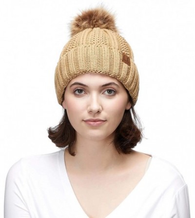 Skullies & Beanies Exclusives Fuzzy Lined Knit Fur Pom Beanie Hat (YJ-820) - Camel - C718SEMA9OK
