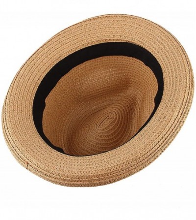 Fedoras Mens Panama Style Trilby Fedora Straw Sun Hat with Leather Belt - Camel - C618QY0W6I7