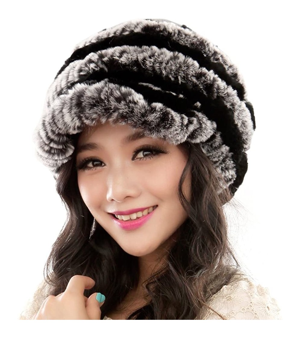 Skullies & Beanies Women's Real Rex Rabbit Fur Peaked Caps Hats Spiral Winter Warmer Ears Hat - Grey & Black - C911FGXY15N